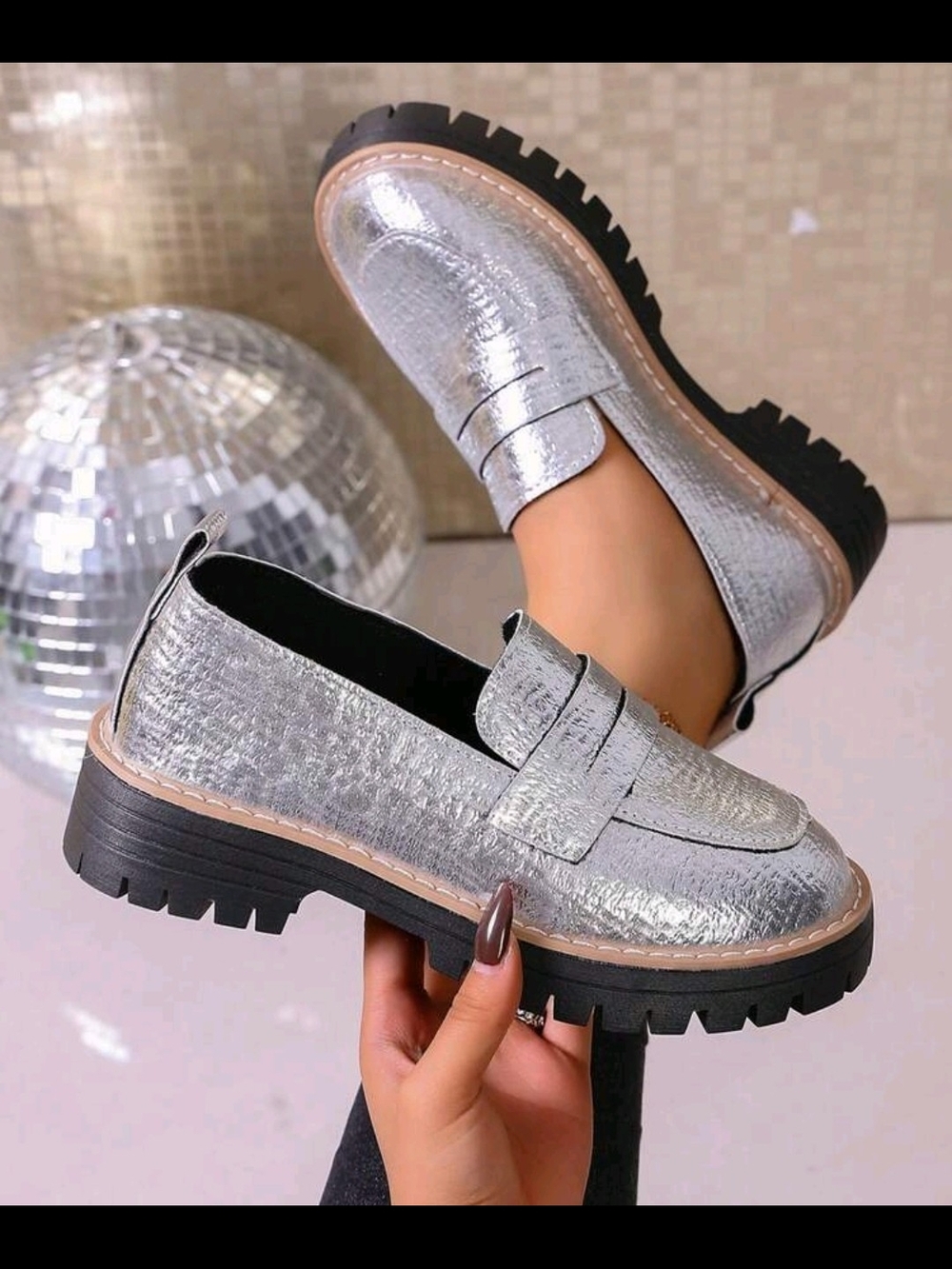 Metallic Silver Chunky Lug Sole Penny Loafers - Women